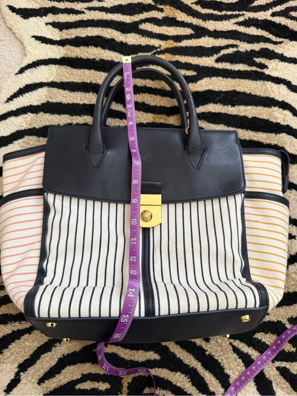 Veronica Beard Black and White Striped Satchel with Gold Lock